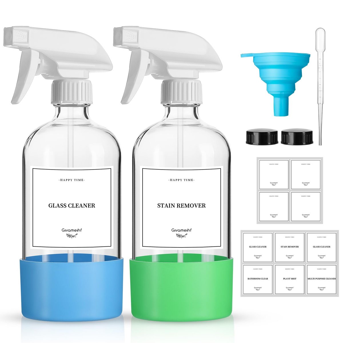 GIVAMEIHF 2er-Pack Glassprühflaschen mit Silikonhülle, 16oz klare Glas-Sprühflaschen nachfüllbar, leere Flasche mit verstellbarer Düse, Sprühflasche für ätherische Öle, Reinigungslösungen, Haustiere, Haare