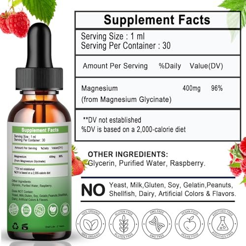 Magnesium Glycinat Flüssige Tropfen, Reines Magnesiumglycinat 400 mg für Knochen, 6-fach hohe Absorption, flüssiges Magnesiumpräparat, vegan, nicht-GVO, glutenfrei | 30 Portionen