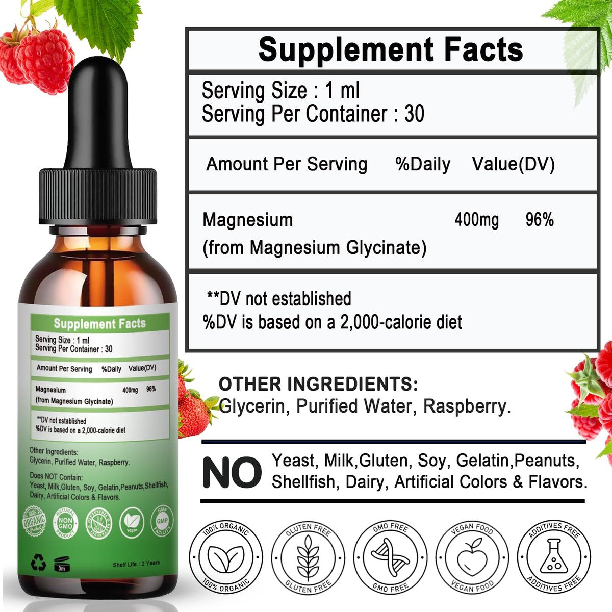 Magnesium Glycinat Flüssige Tropfen, Reines Magnesiumglycinat 400 mg für Knochen, 6-fach hohe Absorption, flüssiges Magnesiumpräparat, vegan, nicht-GVO, glutenfrei | 30 Portionen