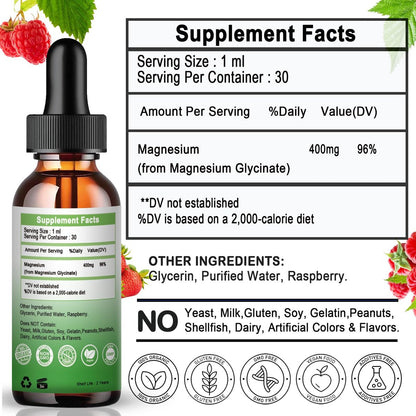 Magnesium Glycinat Flüssige Tropfen, Reines Magnesiumglycinat 400 mg für Knochen, 6-fach hohe Absorption, flüssiges Magnesiumpräparat, vegan, nicht-GVO, glutenfrei | 30 Portionen