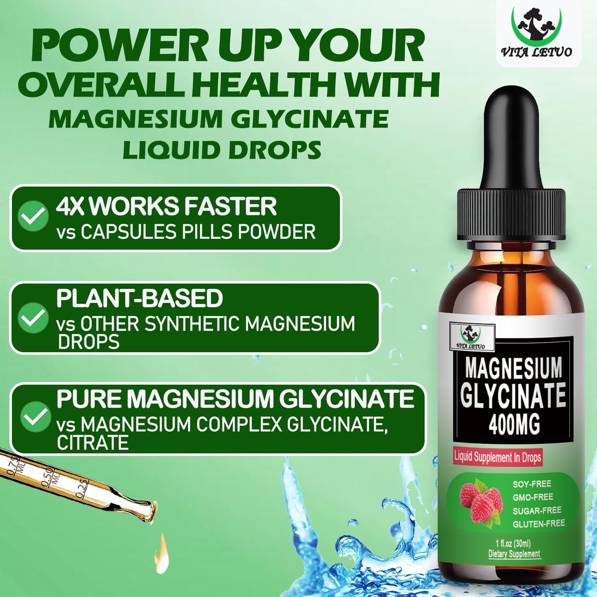 Magnesium Glycinat Flüssige Tropfen, Reines Magnesiumglycinat 400 mg für Knochen, 6-fach hohe Absorption, flüssiges Magnesiumpräparat, vegan, nicht-GVO, glutenfrei | 30 Portionen