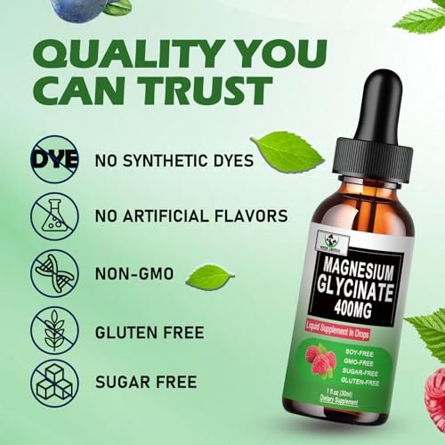 Magnesium Glycinat Flüssige Tropfen, Reines Magnesiumglycinat 400 mg für Knochen, 6-fach hohe Absorption, flüssiges Magnesiumpräparat, vegan, nicht-GVO, glutenfrei | 30 Portionen