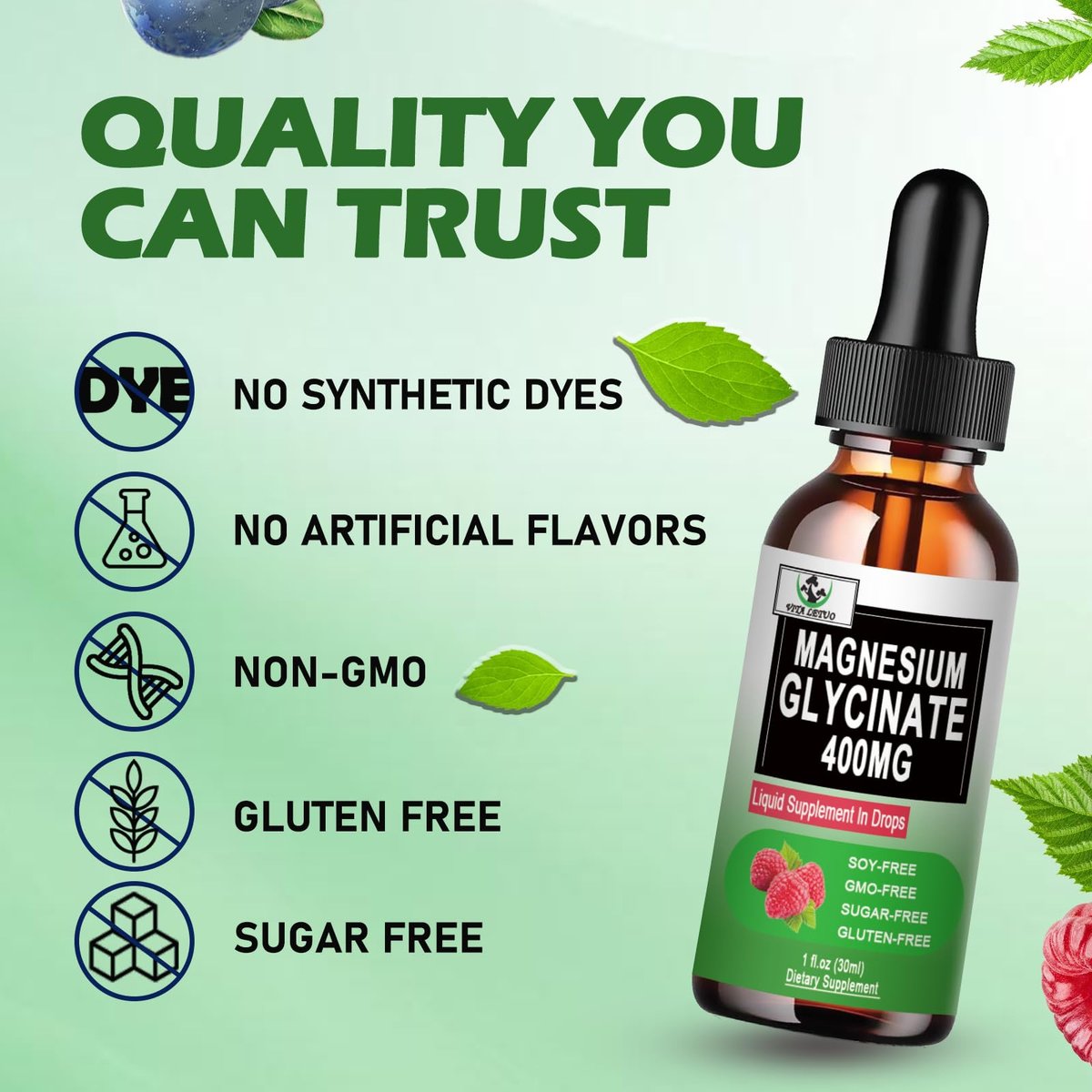 Magnesium Glycinat Flüssige Tropfen, Reines Magnesiumglycinat 400 mg für Knochen, 6-fach hohe Absorption, flüssiges Magnesiumpräparat, vegan, nicht-GVO, glutenfrei | 30 Portionen