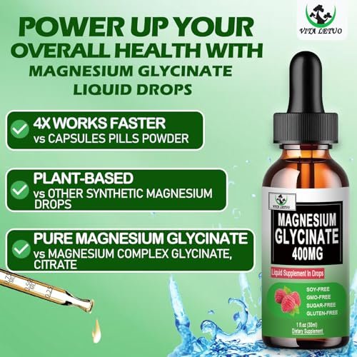 Magnesium Glycinat Flüssige Tropfen, Reines Magnesiumglycinat 400 mg für Knochen, 6-fach hohe Absorption, flüssiges Magnesiumpräparat, vegan, nicht-GVO, glutenfrei | 30 Portionen