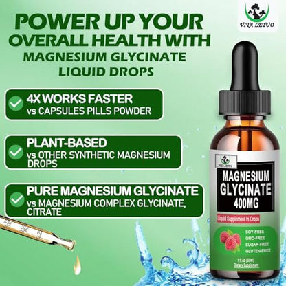 Magnesium Glycinat Flüssige Tropfen, Reines Magnesiumglycinat 400 mg für Knochen, 6-fach hohe Absorption, flüssiges Magnesiumpräparat, vegan, nicht-GVO, glutenfrei | 30 Portionen