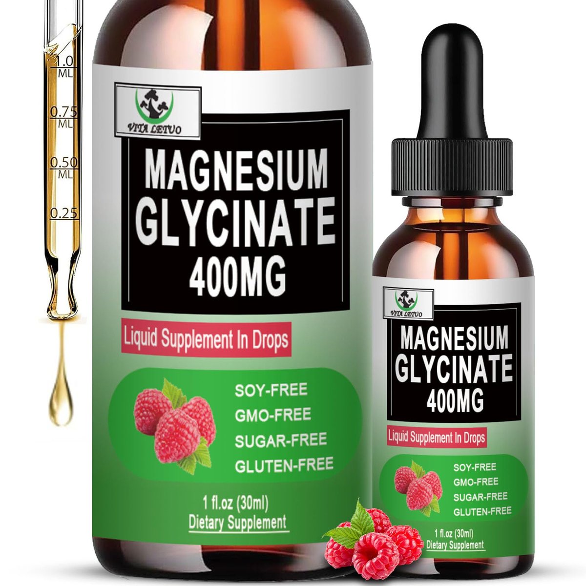 Magnesium Glycinat Flüssige Tropfen, Reines Magnesiumglycinat 400 mg für Knochen, 6-fach hohe Absorption, flüssiges Magnesiumpräparat, vegan, nicht-GVO, glutenfrei | 30 Portionen