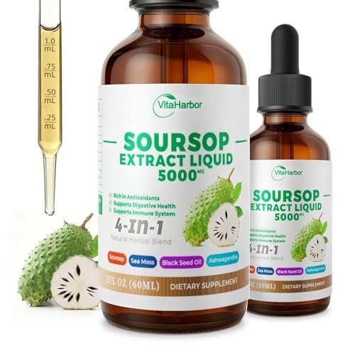 VitaHarbor 4-in-1 Soursop Bitters Liquid – mit Seemoos, Schwarzkümmelöl & Ashwagandha – Immun-, Verdauungs- & Zellunterstützung – zuckerfrei, vegan, 59 ml (2 Fl. oz.) – leicht süßer Geschmack