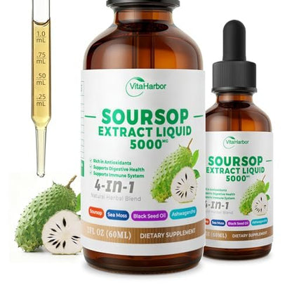 VitaHarbor 4-in-1 Soursop Bitters Liquid – mit Seemoos, Schwarzkümmelöl & Ashwagandha – Immun-, Verdauungs- & Zellunterstützung – zuckerfrei, vegan, 59 ml (2 Fl. oz.) – leicht süßer Geschmack