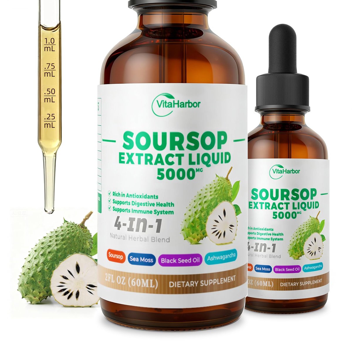 VitaHarbor 4-in-1 Soursop Bitters Liquid – mit Seemoos, Schwarzkümmelöl & Ashwagandha – Immun-, Verdauungs- & Zellunterstützung – zuckerfrei, vegan, 59 ml (2 Fl. oz.) – leicht süßer Geschmack