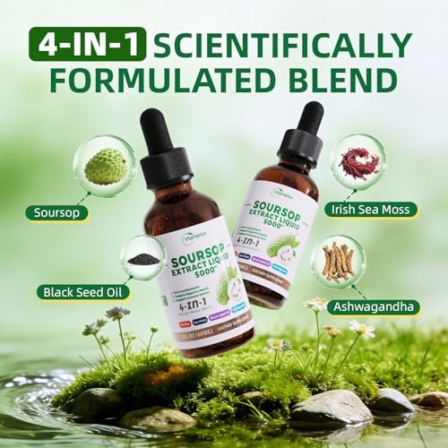VitaHarbor 4-in-1 Soursop Bitters Liquid – mit Seemoos, Schwarzkümmelöl & Ashwagandha – Immun-, Verdauungs- & Zellunterstützung – zuckerfrei, vegan, 59 ml (2 Fl. oz.) – leicht süßer Geschmack