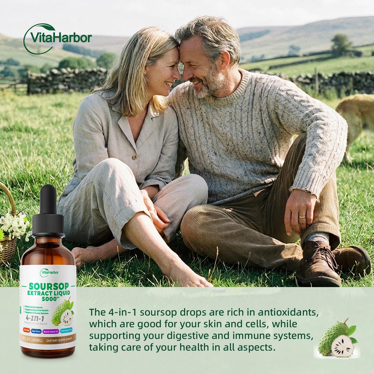 VitaHarbor 4-in-1 Soursop Bitters Liquid – mit Seemoos, Schwarzkümmelöl & Ashwagandha – Immun-, Verdauungs- & Zellunterstützung – zuckerfrei, vegan, 59 ml (2 Fl. oz.) – leicht süßer Geschmack