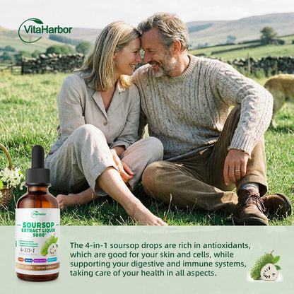 VitaHarbor 4-in-1 Soursop Bitters Liquid – mit Seemoos, Schwarzkümmelöl & Ashwagandha – Immun-, Verdauungs- & Zellunterstützung – zuckerfrei, vegan, 59 ml (2 Fl. oz.) – leicht süßer Geschmack