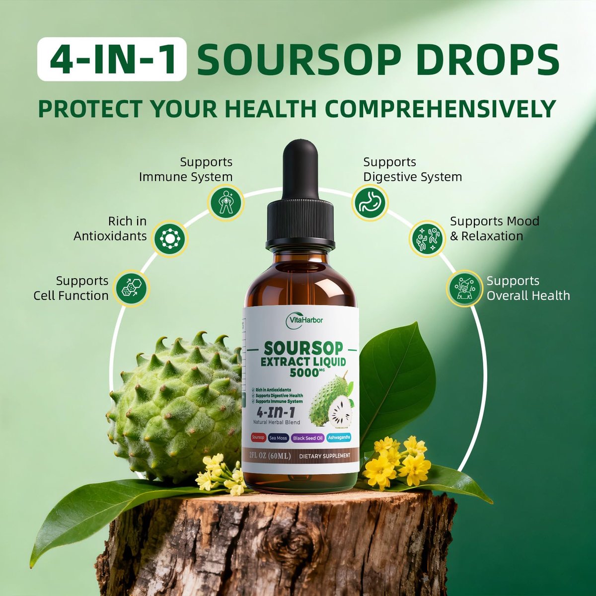 VitaHarbor 4-in-1 Soursop Bitters Liquid – mit Seemoos, Schwarzkümmelöl & Ashwagandha – Immun-, Verdauungs- & Zellunterstützung – zuckerfrei, vegan, 59 ml (2 Fl. oz.) – leicht süßer Geschmack