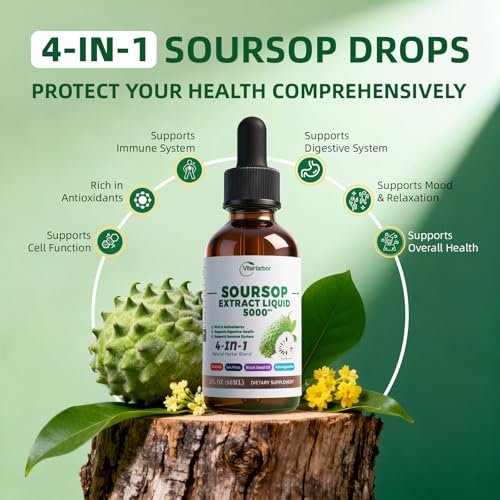 VitaHarbor 4-in-1 Soursop Bitters Liquid – mit Seemoos, Schwarzkümmelöl & Ashwagandha – Immun-, Verdauungs- & Zellunterstützung – zuckerfrei, vegan, 59 ml (2 Fl. oz.) – leicht süßer Geschmack