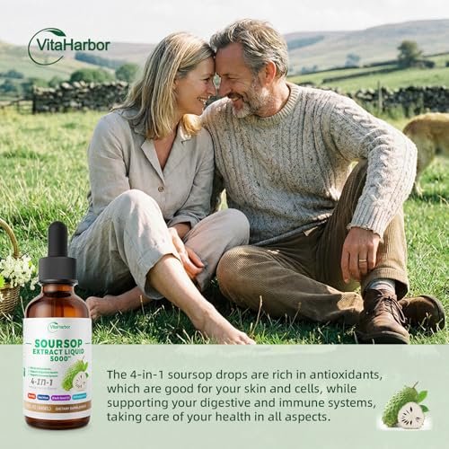 VitaHarbor 4-in-1 Soursop Bitters Liquid – mit Seemoos, Schwarzkümmelöl & Ashwagandha – Immun-, Verdauungs- & Zellunterstützung – zuckerfrei, vegan, 59 ml (2 Fl. oz.) – leicht süßer Geschmack