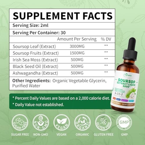 VitaHarbor 4-in-1 Soursop Bitters Liquid – mit Seemoos, Schwarzkümmelöl & Ashwagandha – Immun-, Verdauungs- & Zellunterstützung – zuckerfrei, vegan, 59 ml (2 Fl. oz.) – leicht süßer Geschmack