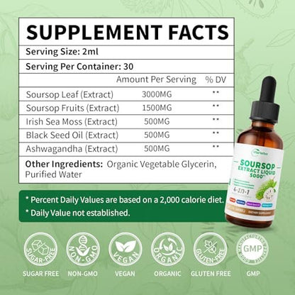 VitaHarbor 4-in-1 Soursop Bitters Liquid – mit Seemoos, Schwarzkümmelöl & Ashwagandha – Immun-, Verdauungs- & Zellunterstützung – zuckerfrei, vegan, 59 ml (2 Fl. oz.) – leicht süßer Geschmack