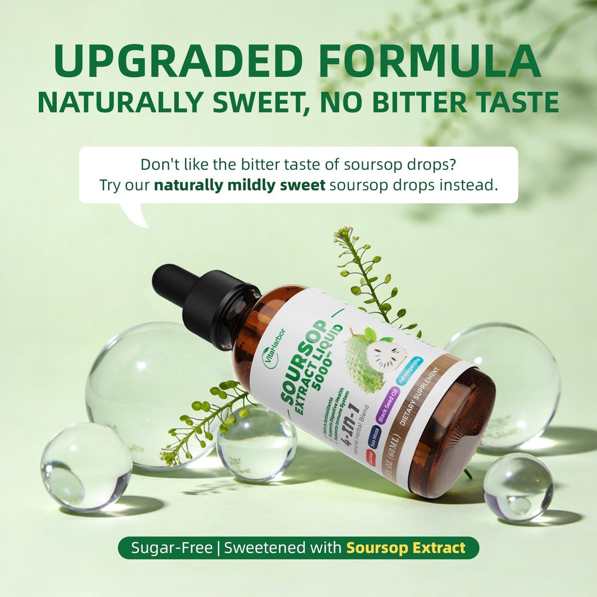 VitaHarbor 4-in-1 Soursop Bitters Liquid – mit Seemoos, Schwarzkümmelöl & Ashwagandha – Immun-, Verdauungs- & Zellunterstützung – zuckerfrei, vegan, 59 ml (2 Fl. oz.) – leicht süßer Geschmack