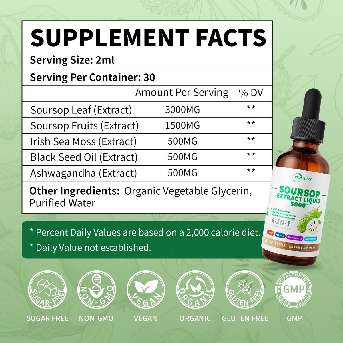 VitaHarbor 4-in-1 Soursop Bitters Liquid – mit Seemoos, Schwarzkümmelöl & Ashwagandha – Immun-, Verdauungs- & Zellunterstützung – zuckerfrei, vegan, 59 ml (2 Fl. oz.) – leicht süßer Geschmack