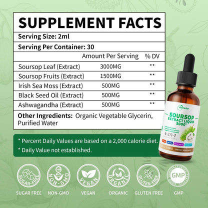 VitaHarbor 4-in-1 Soursop Bitters Liquid – mit Seemoos, Schwarzkümmelöl & Ashwagandha – Immun-, Verdauungs- & Zellunterstützung – zuckerfrei, vegan, 59 ml (2 Fl. oz.) – leicht süßer Geschmack