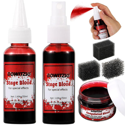 Bowitzki Fake Blood Set 6-teilig: Spritzblut, geronnenes Blut & SFX-Schwamm – waschbar für Spezialeffekte, Zombie, Vampir, Monster, Halloween, Weihnachten