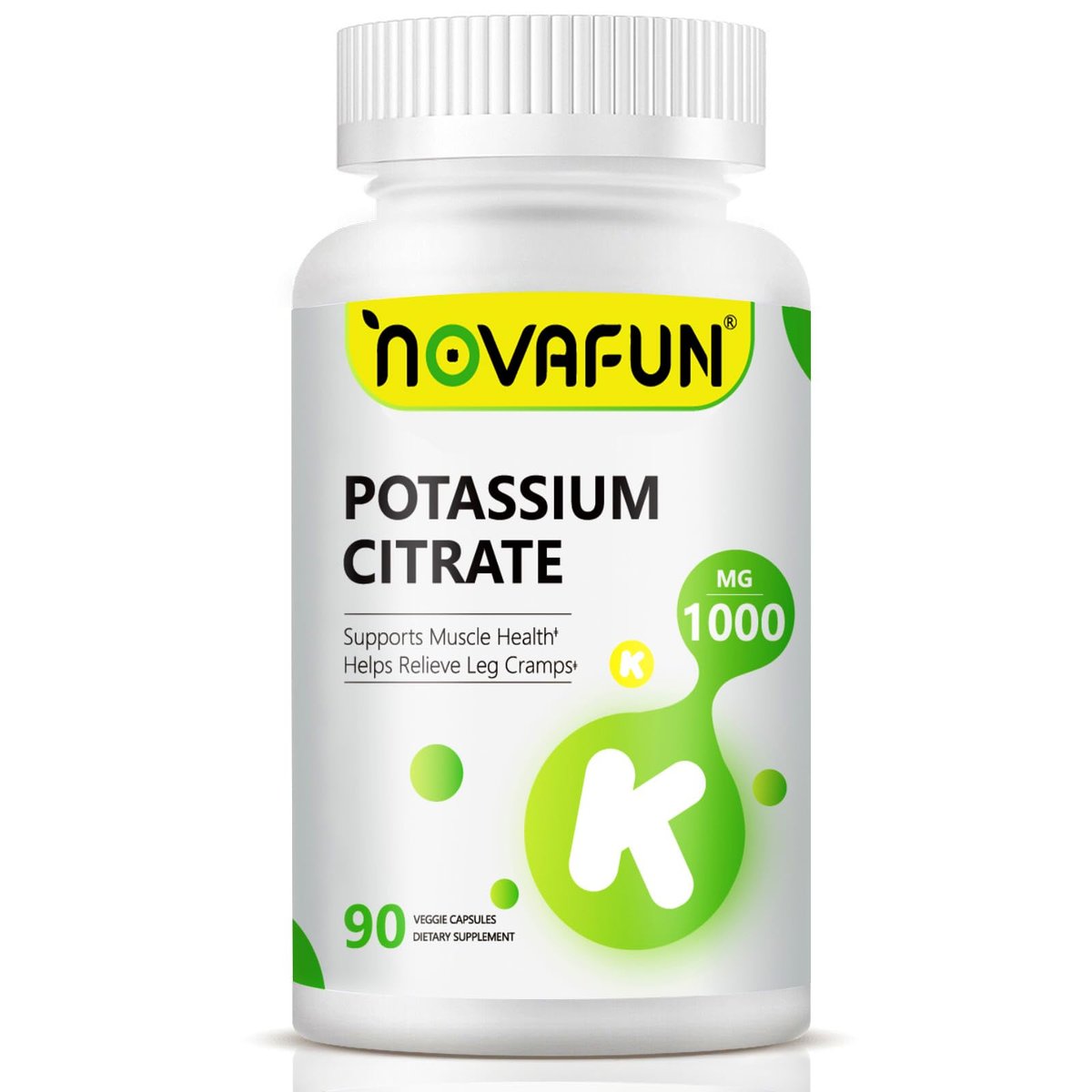 Novafun Kaliumcitrat 1000 mg – Kaliumpräparat gegen Beinkrämpfe, für Muskel- & Herzgesundheit, vegan, nicht-GVO, glutenfrei, 90 Kapseln