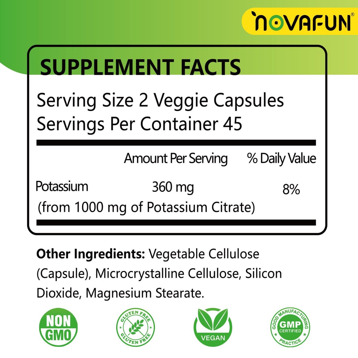 Novafun Kaliumcitrat 1000 mg – Kaliumpräparat gegen Beinkrämpfe, für Muskel- & Herzgesundheit, vegan, nicht-GVO, glutenfrei, 90 Kapseln