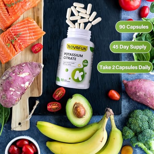 Novafun Kaliumcitrat 1000 mg – Kaliumpräparat gegen Beinkrämpfe, für Muskel- & Herzgesundheit, vegan, nicht-GVO, glutenfrei, 90 Kapseln