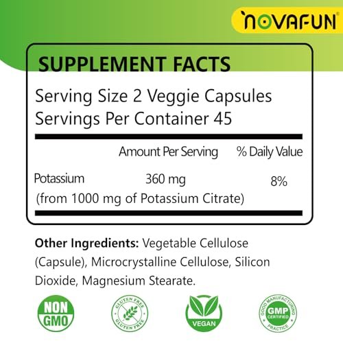 Novafun Kaliumcitrat 1000 mg – Kaliumpräparat gegen Beinkrämpfe, für Muskel- & Herzgesundheit, vegan, nicht-GVO, glutenfrei, 90 Kapseln