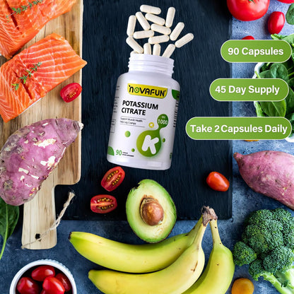 Novafun Kaliumcitrat 1000 mg – Kaliumpräparat gegen Beinkrämpfe, für Muskel- & Herzgesundheit, vegan, nicht-GVO, glutenfrei, 90 Kapseln