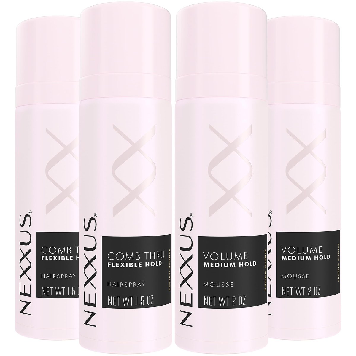 Nexxus Travel Styling Bundle – Comb Thru Flexible Haarspray (1,5 Oz) 2er-Pack + Volumen Medium Mousse (2 Oz) 2er-Pack, Anti-Feuchtigkeit, Frizz-Kontrolle, Rosenduft