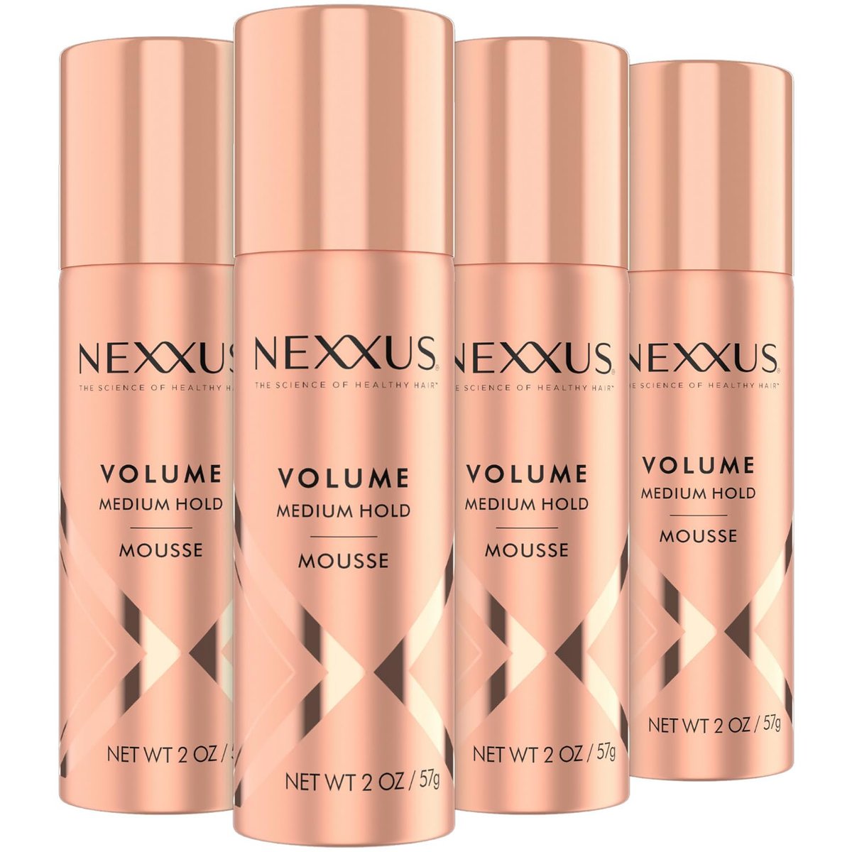 Nexxus Reise Mousse, Volumen mittlerer Halt 4er-Pack – 72-Stunden Anti-Feuchtigkeitsschild, 48-Stunden Frizz-Kontrolle, Rosenduft, 2 Oz pro Stück