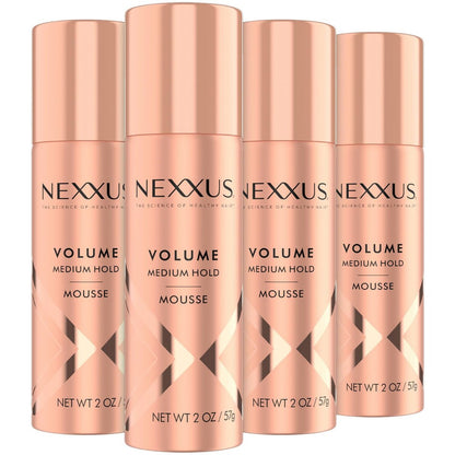 Nexxus Reise Mousse, Volumen mittlerer Halt 4er-Pack – 72-Stunden Anti-Feuchtigkeitsschild, 48-Stunden Frizz-Kontrolle, Rosenduft, 2 Oz pro Stück
