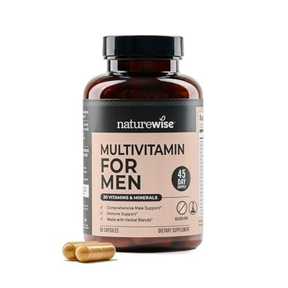 NatureWise Multivitamin für Männer – Tägliche Unterstützung mit Mineralien & Kräutern für Energie, Leistung & Immunsystem – Vitamin A, C, D, B-Komplex – Soja- & glutenfrei, nicht-GVO – 90 Kapseln (45-Tage-Vorrat)