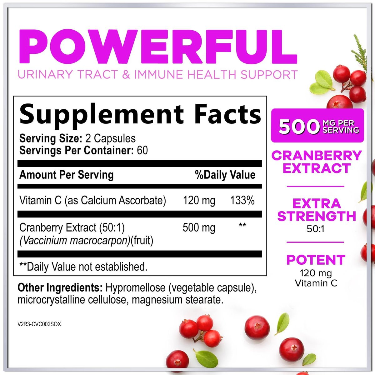 Cranberry Extrakt 500mg pro Portion – 3-fach konzentrierter Ganzfrucht-Cranberry mit Vitamin C, zur Unterstützung der Harnwegsgesundheit – 120 Kapseln