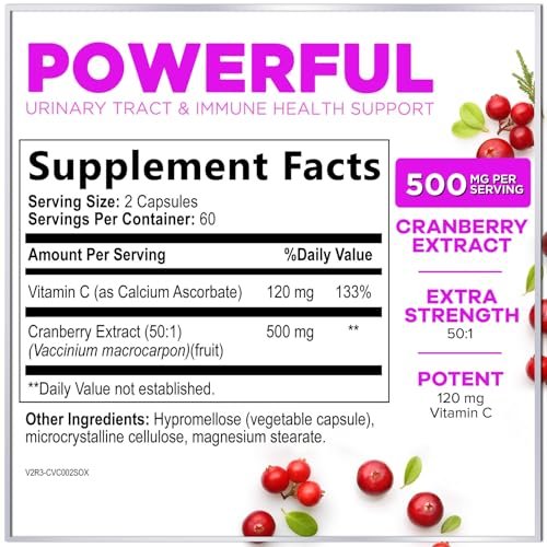 Cranberry Extrakt 500mg pro Portion – 3-fach konzentrierter Ganzfrucht-Cranberry mit Vitamin C, zur Unterstützung der Harnwegsgesundheit – 120 Kapseln
