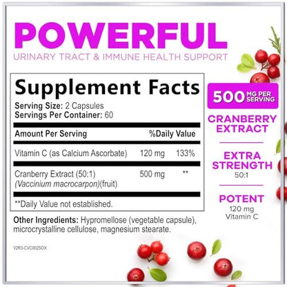 Cranberry Extrakt 500mg pro Portion – 3-fach konzentrierter Ganzfrucht-Cranberry mit Vitamin C, zur Unterstützung der Harnwegsgesundheit – 120 Kapseln