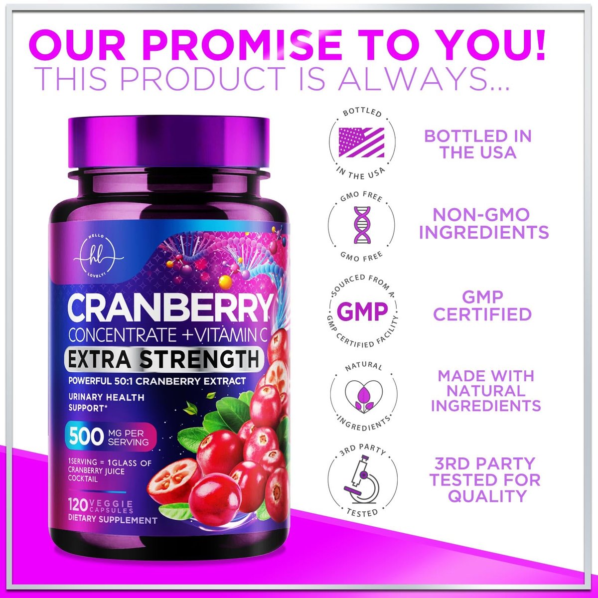 Cranberry Extrakt 500mg pro Portion – 3-fach konzentrierter Ganzfrucht-Cranberry mit Vitamin C, zur Unterstützung der Harnwegsgesundheit – 120 Kapseln