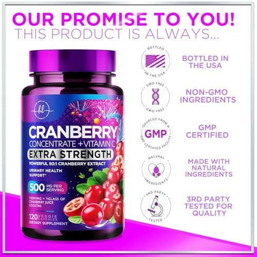 Cranberry Extrakt 500mg pro Portion – 3-fach konzentrierter Ganzfrucht-Cranberry mit Vitamin C, zur Unterstützung der Harnwegsgesundheit – 120 Kapseln