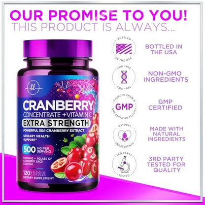 Cranberry Extrakt 500mg pro Portion – 3-fach konzentrierter Ganzfrucht-Cranberry mit Vitamin C, zur Unterstützung der Harnwegsgesundheit – 120 Kapseln