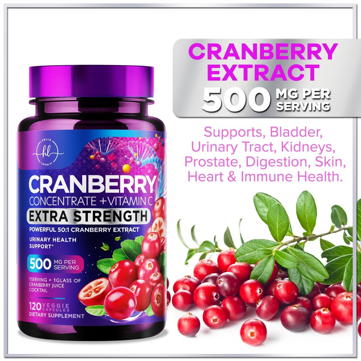 Cranberry Extrakt 500mg pro Portion – 3-fach konzentrierter Ganzfrucht-Cranberry mit Vitamin C, zur Unterstützung der Harnwegsgesundheit – 120 Kapseln