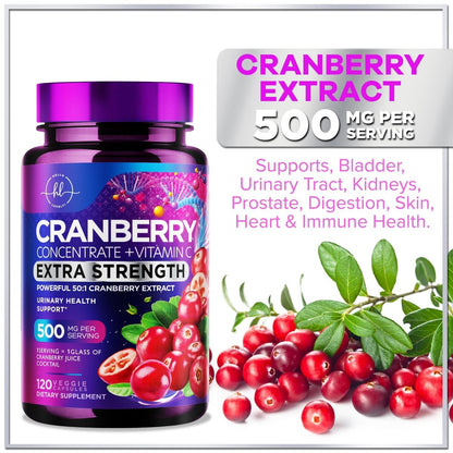 Cranberry Extrakt 500mg pro Portion – 3-fach konzentrierter Ganzfrucht-Cranberry mit Vitamin C, zur Unterstützung der Harnwegsgesundheit – 120 Kapseln