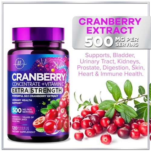 Cranberry Extrakt 500mg pro Portion – 3-fach konzentrierter Ganzfrucht-Cranberry mit Vitamin C, zur Unterstützung der Harnwegsgesundheit – 120 Kapseln