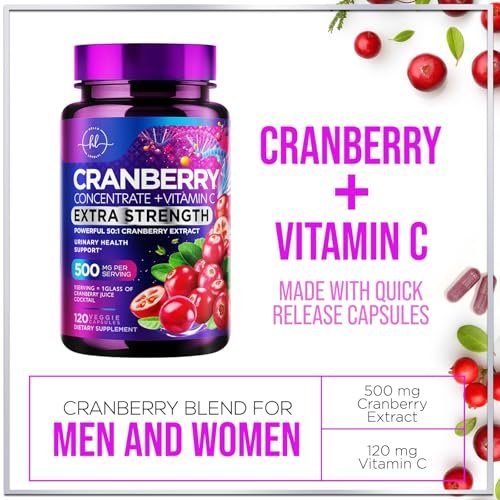 Cranberry Extrakt 500mg pro Portion – 3-fach konzentrierter Ganzfrucht-Cranberry mit Vitamin C, zur Unterstützung der Harnwegsgesundheit – 120 Kapseln