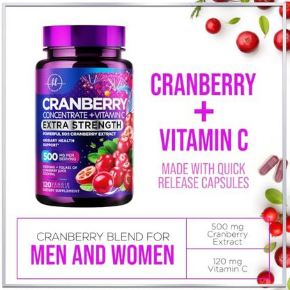 Cranberry Extrakt 500mg pro Portion – 3-fach konzentrierter Ganzfrucht-Cranberry mit Vitamin C, zur Unterstützung der Harnwegsgesundheit – 120 Kapseln