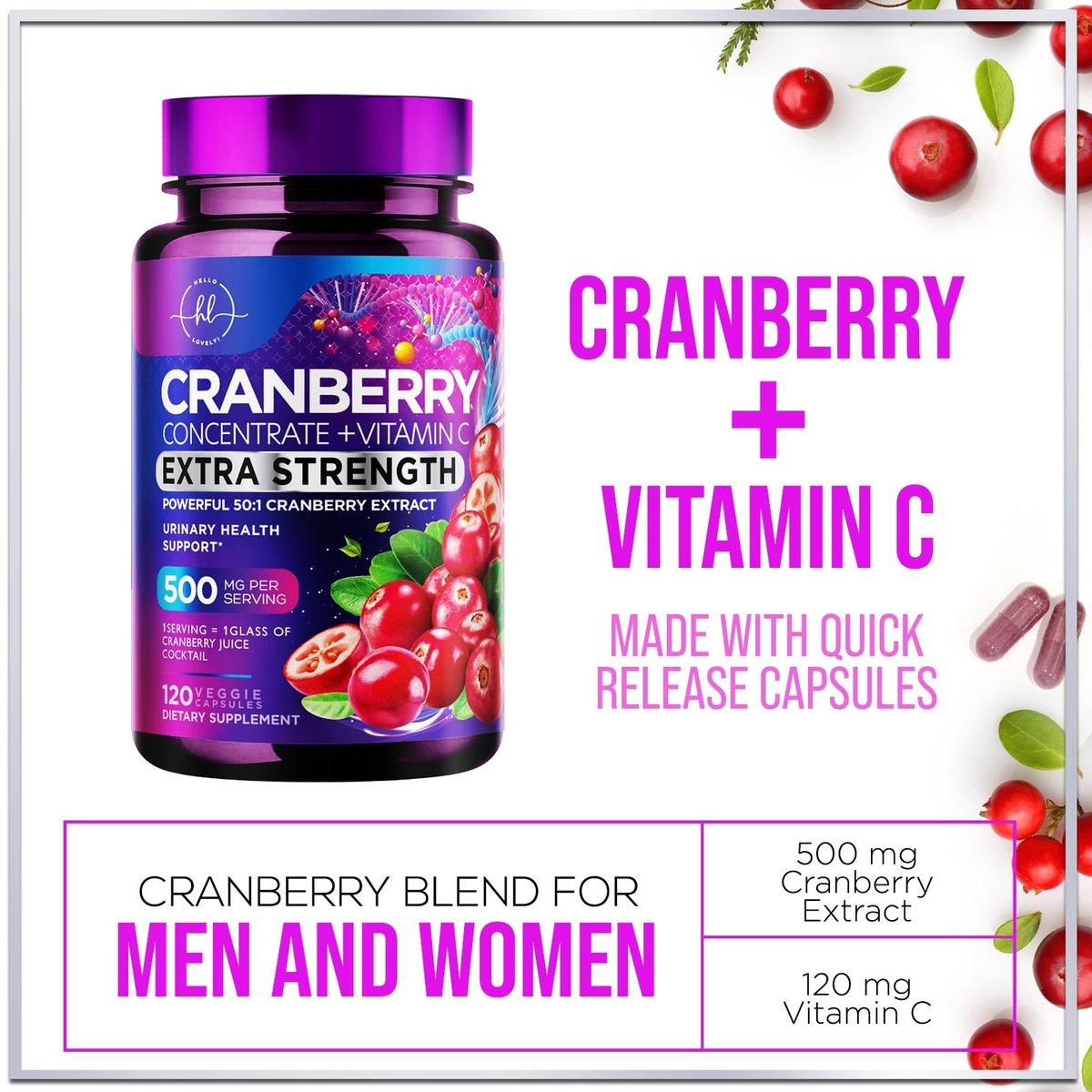 Cranberry Extrakt 500mg pro Portion – 3-fach konzentrierter Ganzfrucht-Cranberry mit Vitamin C, zur Unterstützung der Harnwegsgesundheit – 120 Kapseln