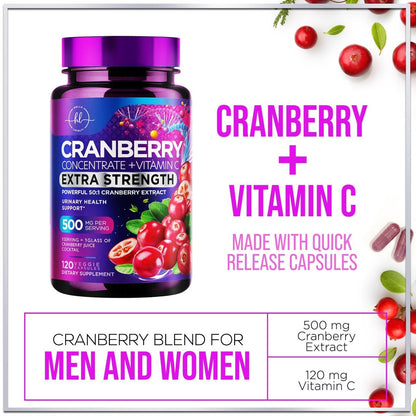 Cranberry Extrakt 500mg pro Portion – 3-fach konzentrierter Ganzfrucht-Cranberry mit Vitamin C, zur Unterstützung der Harnwegsgesundheit – 120 Kapseln