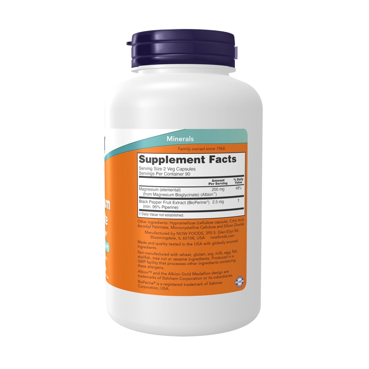 Now Supplements, Magnesium Glycinat mit BioPerin – 180 vegane Kapseln
