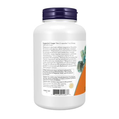 Now Supplements, Magnesium Glycinat mit BioPerin – 180 vegane Kapseln