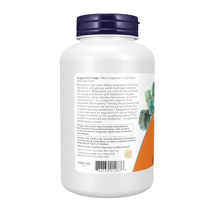 Now Supplements, Magnesium Glycinat mit BioPerin – 180 vegane Kapseln